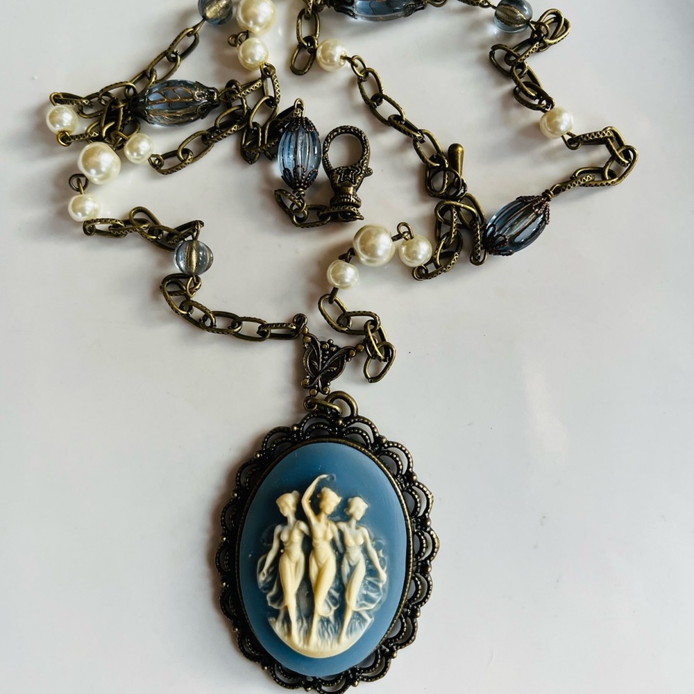 Wedgwood Blue Style 3 Graces Three Fates Victorian Style Cameo  Necklace